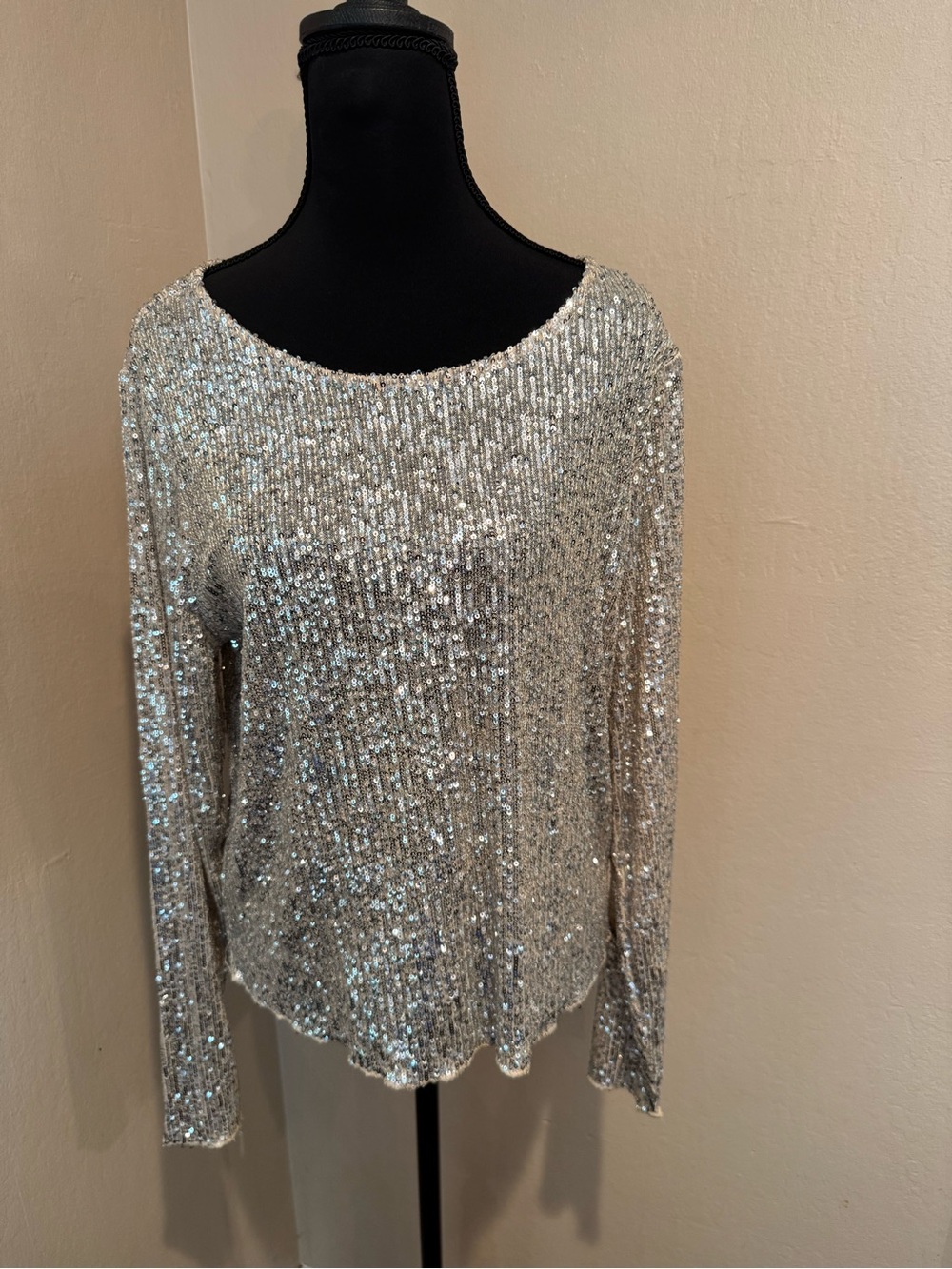 Lucky Brand Silver Sequin Long-Sleeve Top with a Creamy Beige Undertone